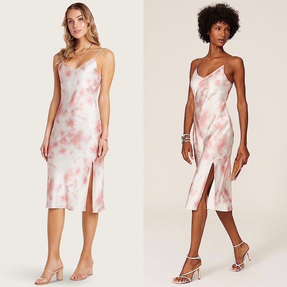 WILLOW 90s Y2K Pink Abstract Print Satin Sleeveless Midi Cocktail Slip Dress XS